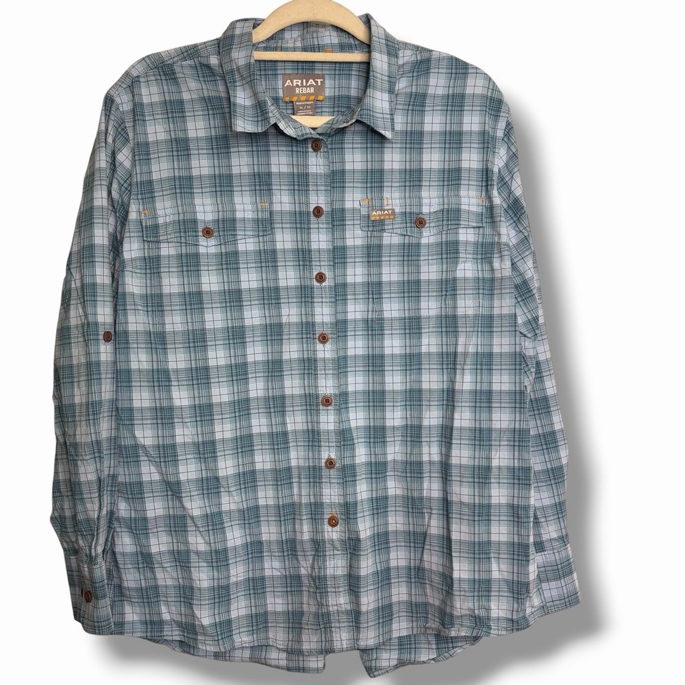 Ariat Rebar‎ Flannel Durastretch Shirt Womens Size XL Blue Plaid Button Up Blue